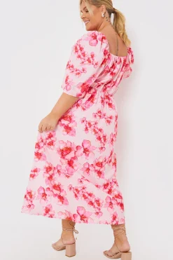 PINK FLORAL FLUTTER SLEEVE MIDAXI DRESS