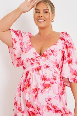 PINK FLORAL FLUTTER SLEEVE MIDAXI DRESS