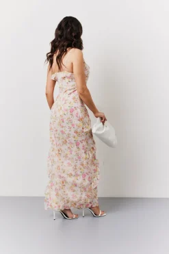 Pink Floral Frill Detail Maxi Dress