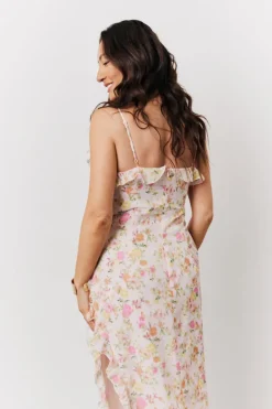 Pink Floral Frill Detail Maxi Dress