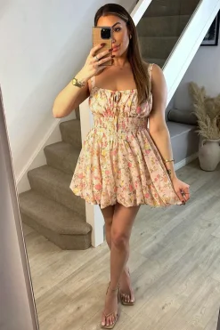 Pink Floral Milkmaid Bubble Hem Mini Dress