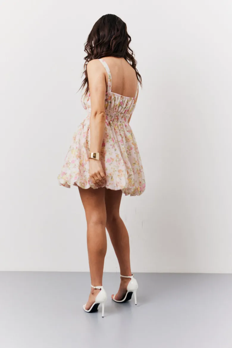 Pink Floral Milkmaid Bubble Hem Mini Dress