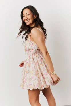 Pink Floral Milkmaid Bubble Hem Mini Dress