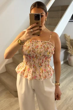 Pink Floral Print Shirred Cami Top