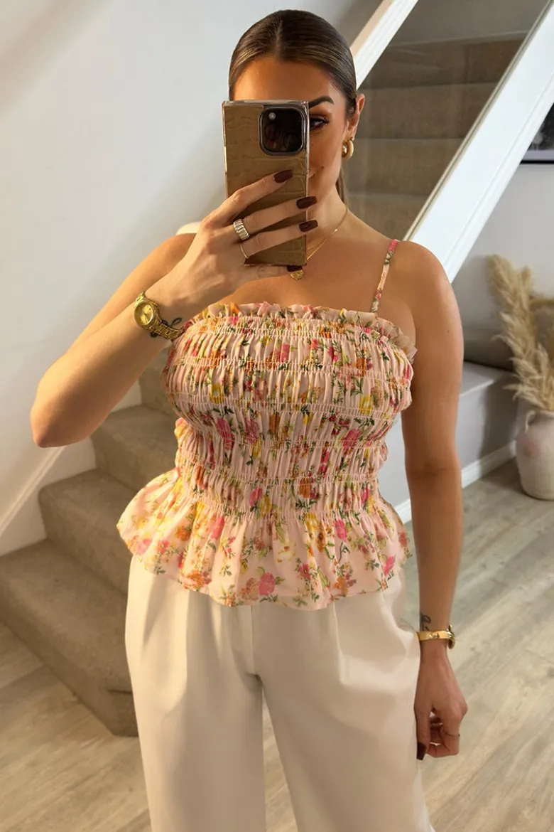 Pink Floral Print Shirred Cami Top