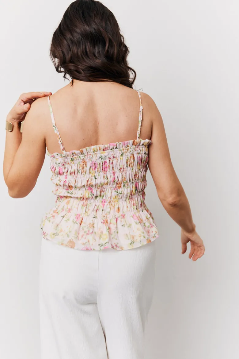 Pink Floral Print Shirred Cami Top