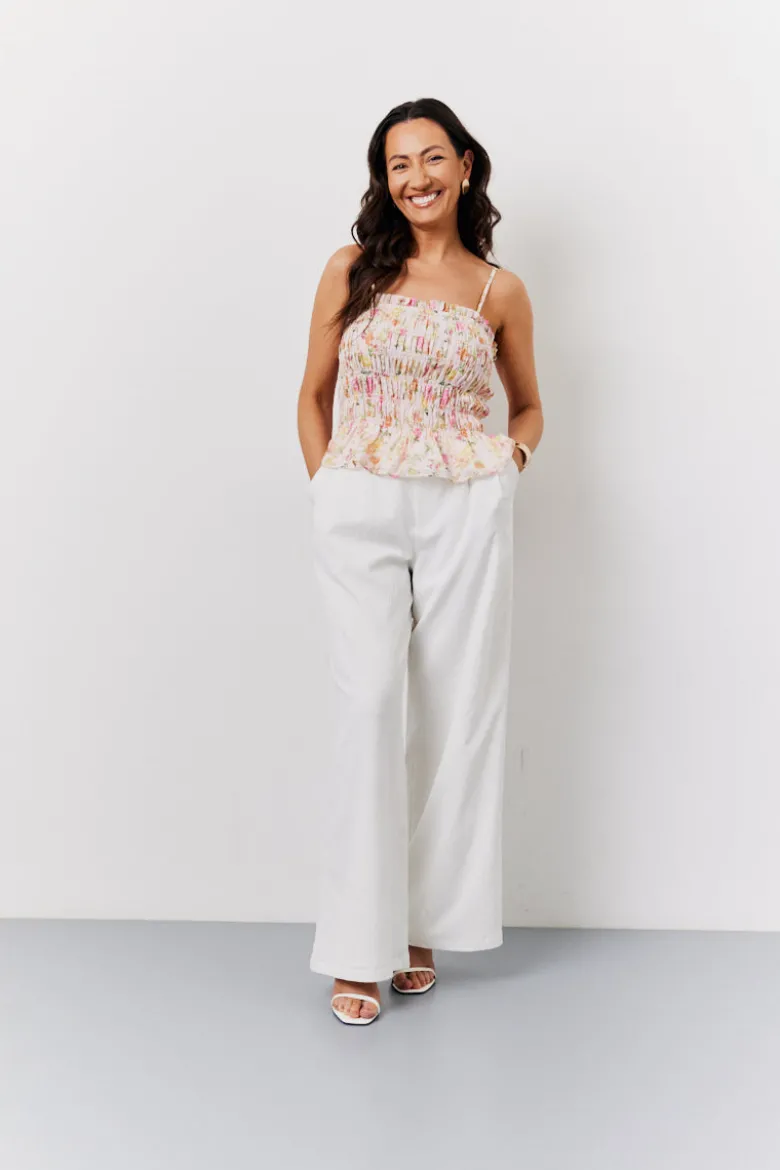 Pink Floral Print Shirred Cami Top