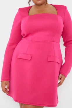 Pink Square Neck Long Sleeve Structured Mini Dress