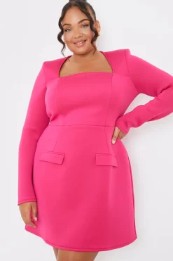 Pink Square Neck Long Sleeve Structured Mini Dress