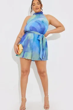 Plisse Abstract Halterneck Belted Playsuit