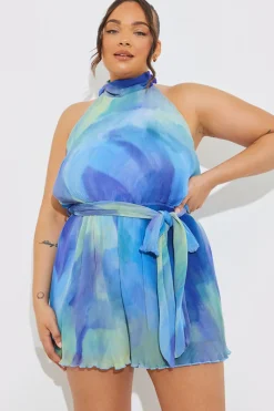 Plisse Abstract Halterneck Belted Playsuit