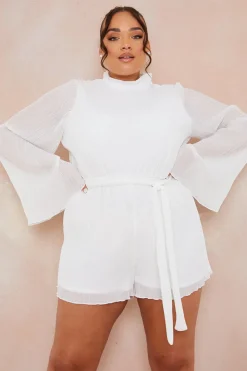 Plisse High Neck Tie Waist Playsuit