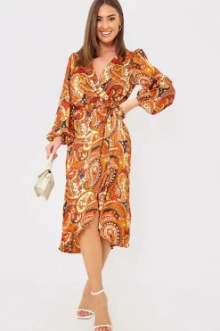 Plunge Balloon Sleeve Belted Midi Dress