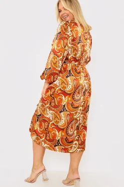 Plunge Balloon Sleeve Belted Midi Dress