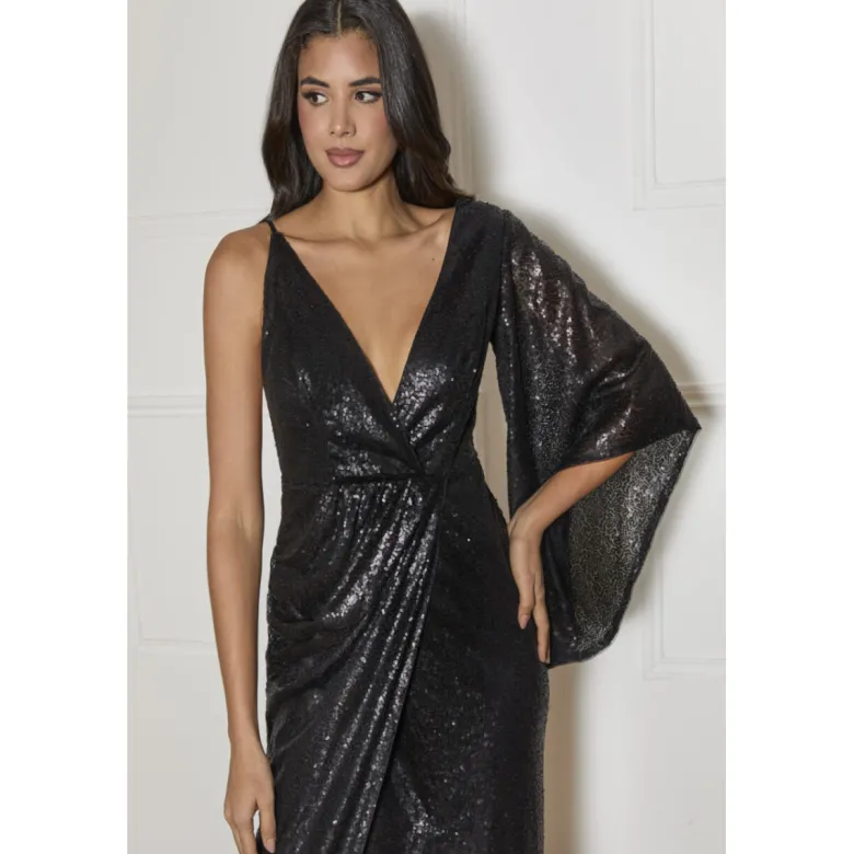 Plunge Sequin Wrap Midi Dress in Black