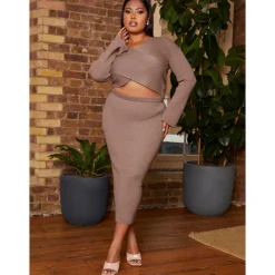 Plus Size Flute Sleeve Wrap Detail Rib Knit Top in Mocha