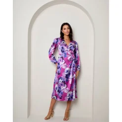 Plus Size Long Sleeve Floral Wrap Dress in Purple
