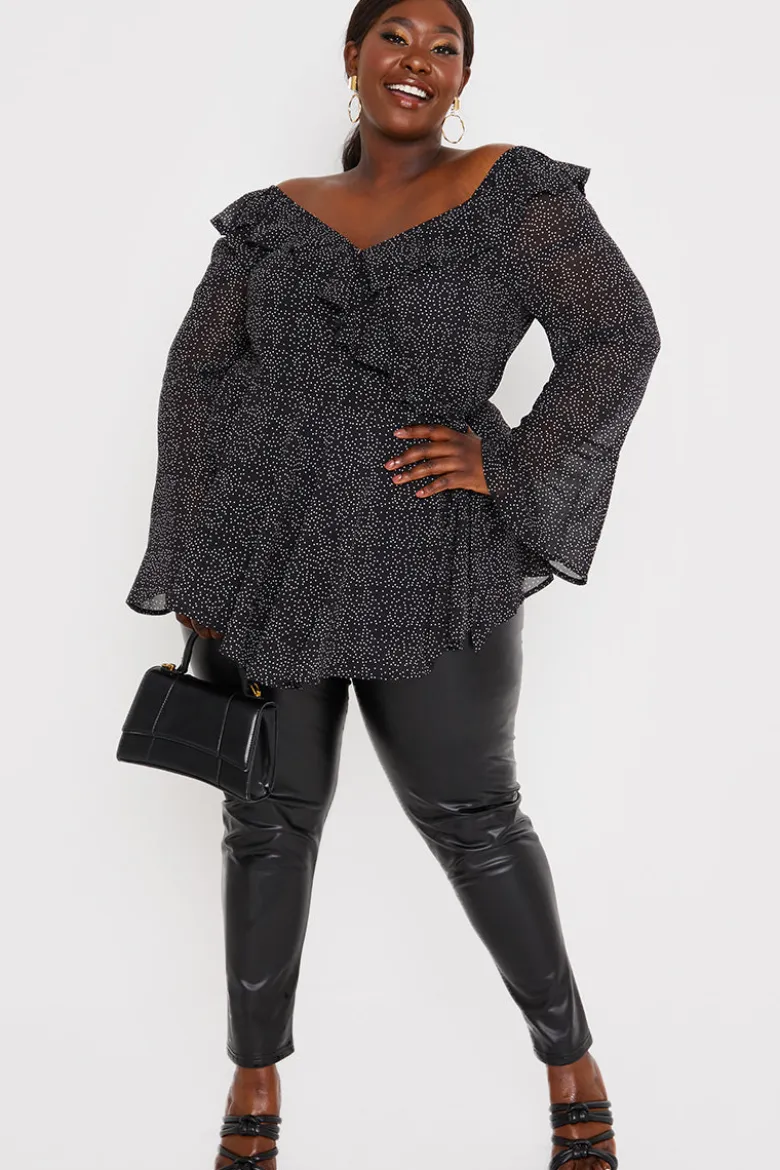 Polka Dot Print Off The Shoulder Top With Tie Waist