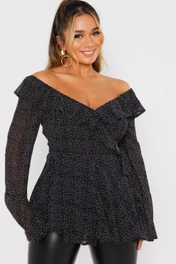 Polka Dot Print Off The Shoulder Top With Tie Waist