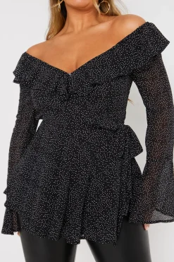 Polka Dot Print Off The Shoulder Top With Tie Waist