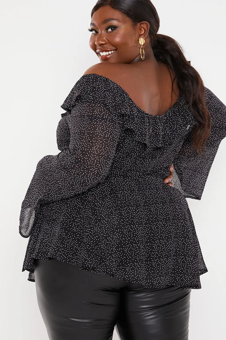 Polka Dot Print Off The Shoulder Top With Tie Waist