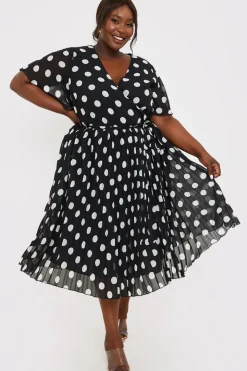 Polka Dot Print Pleated Wrap Midi Dress