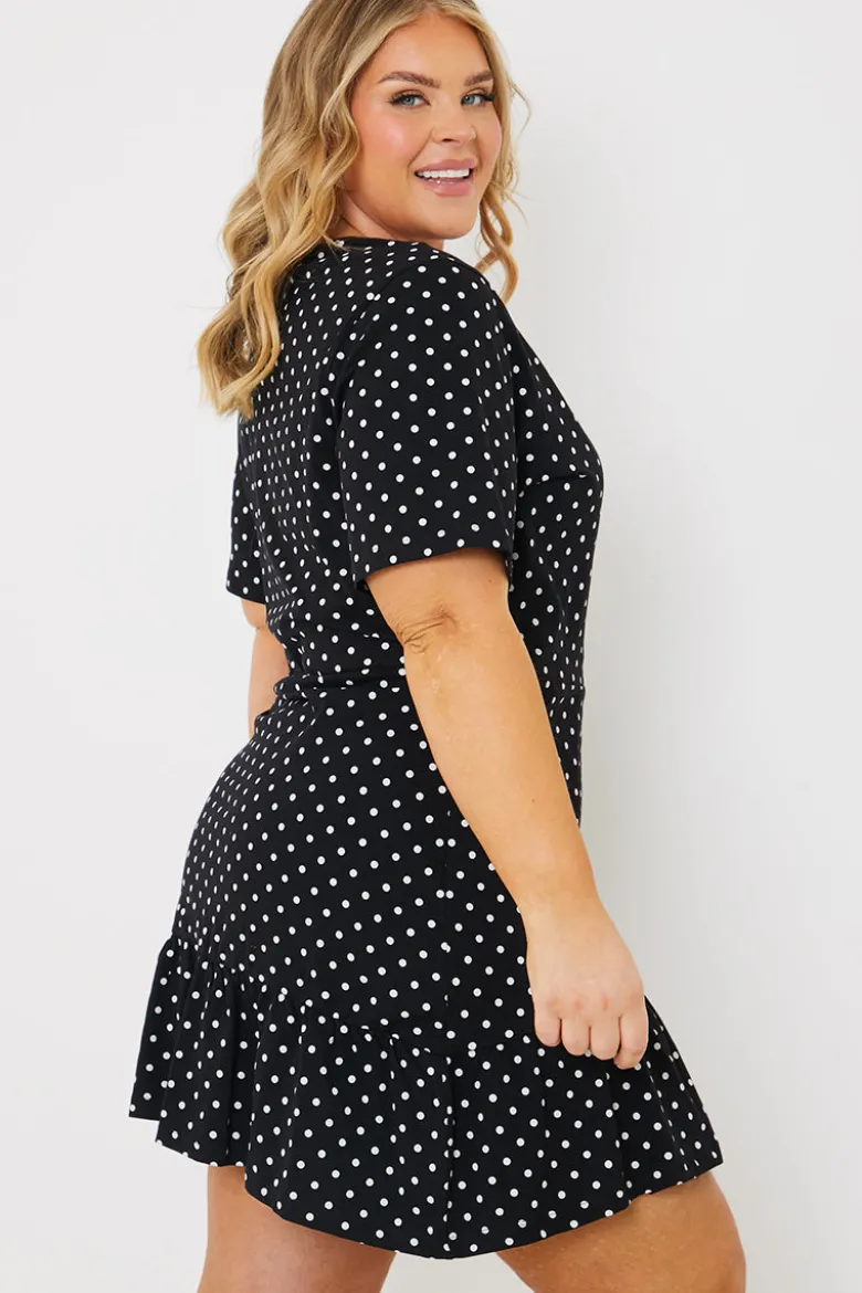 Polka Dot Print Short Sleeve Wrap Swing Dress
