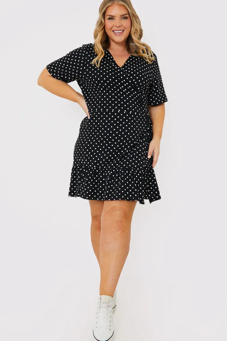 Polka Dot Print Short Sleeve Wrap Swing Dress