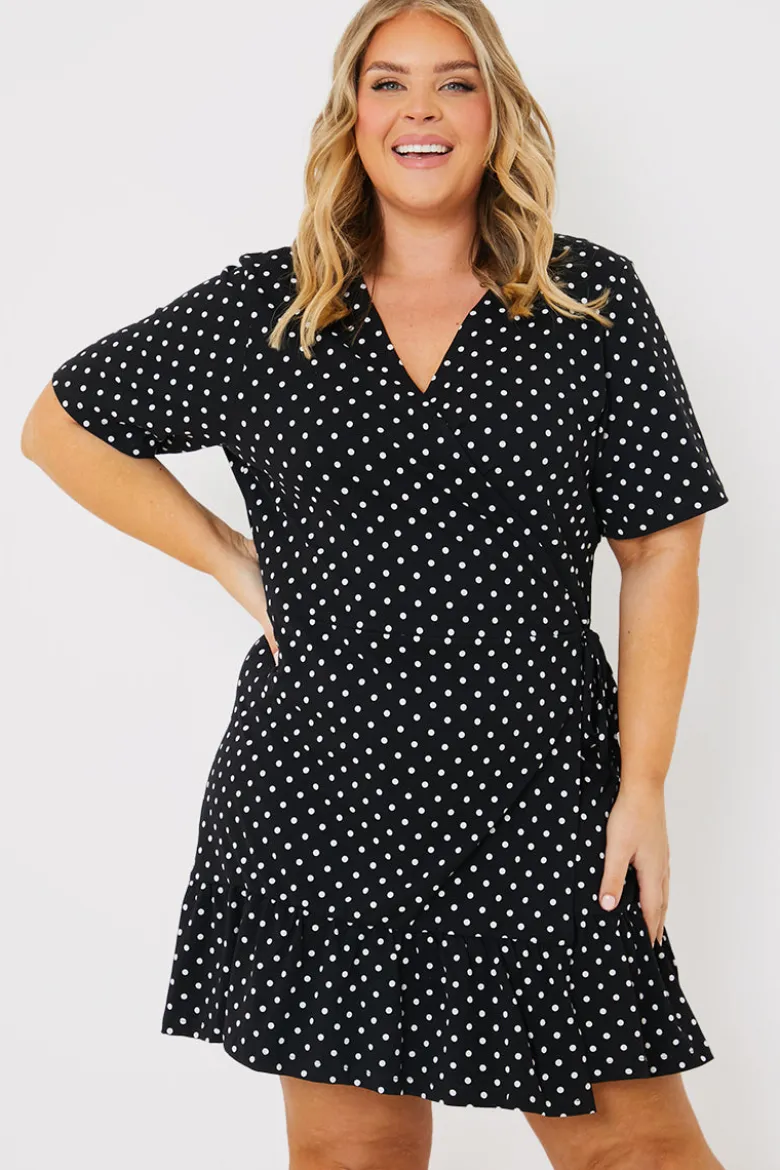 Polka Dot Print Short Sleeve Wrap Swing Dress