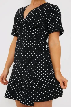 Polka Dot Print Short Sleeve Wrap Swing Dress