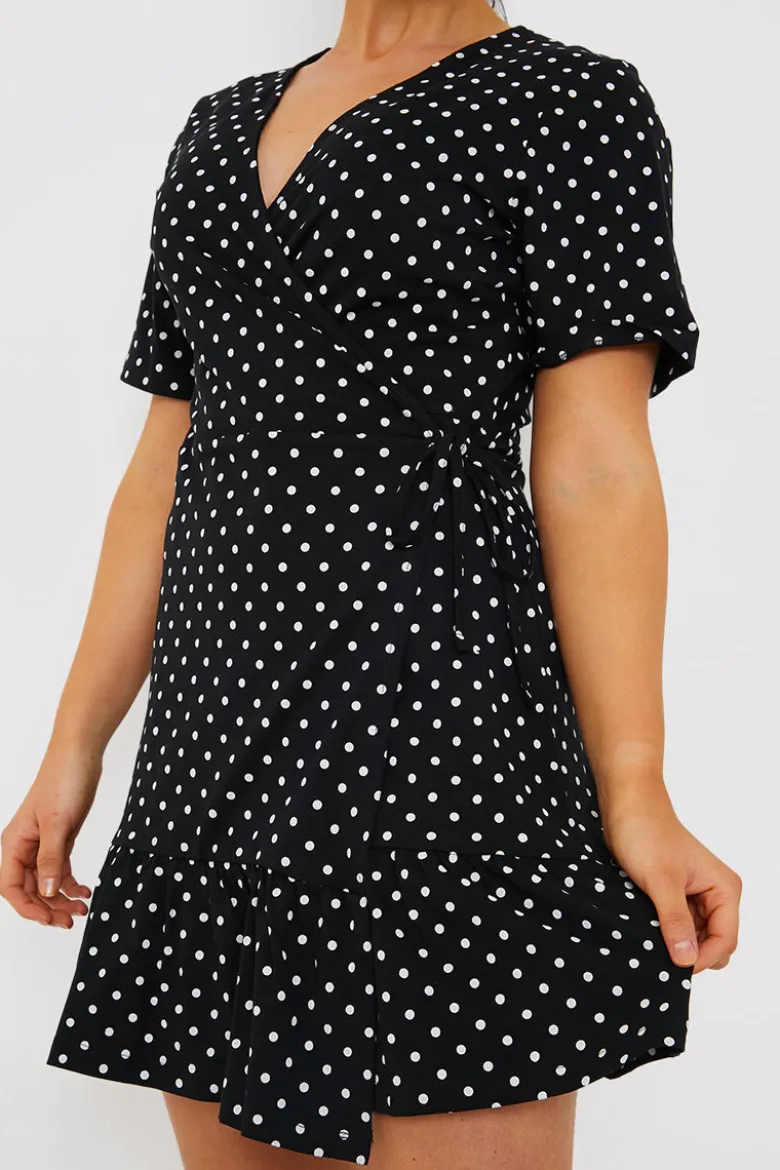Polka Dot Print Short Sleeve Wrap Swing Dress