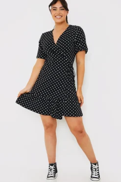 Polka Dot Print Short Sleeve Wrap Swing Dress
