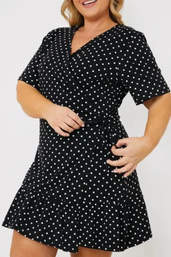 Polka Dot Print Short Sleeve Wrap Swing Dress