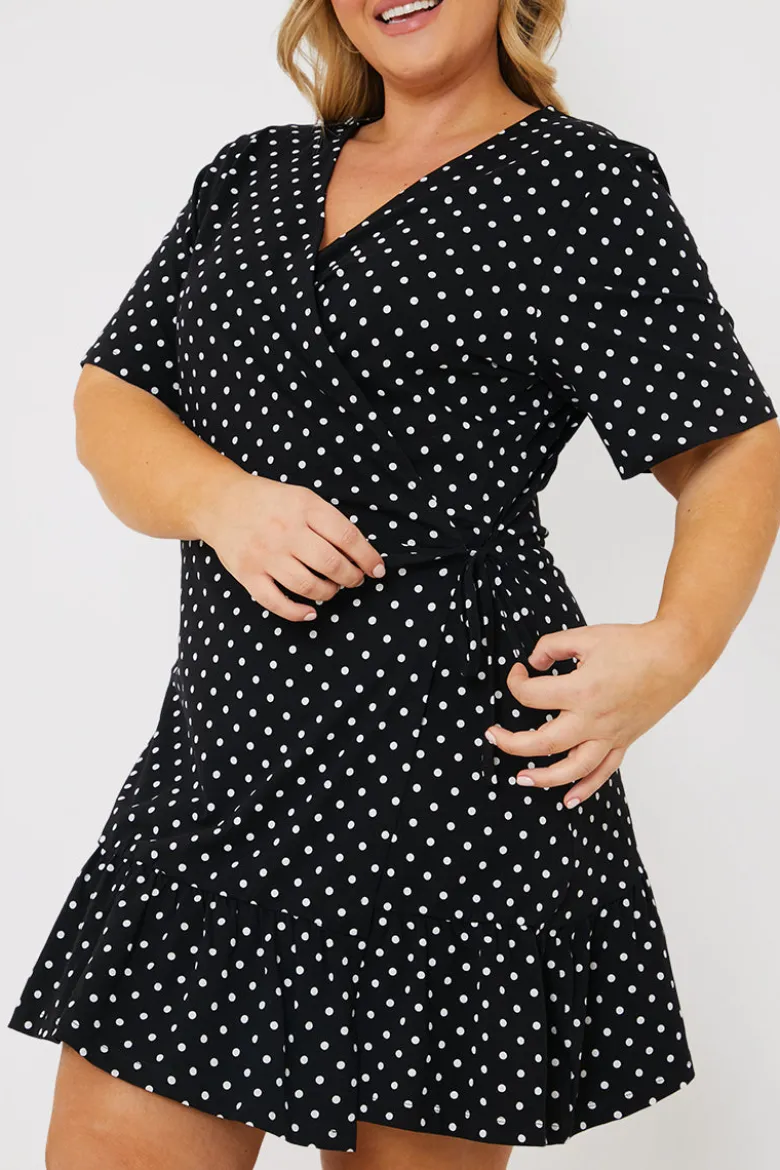 Polka Dot Print Short Sleeve Wrap Swing Dress