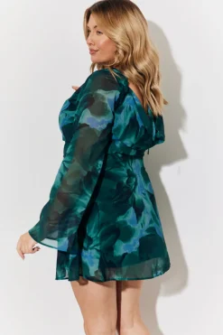 Printed Draped Back Boat Neck Mini Dress