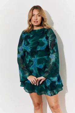 Printed Draped Back Boat Neck Mini Dress