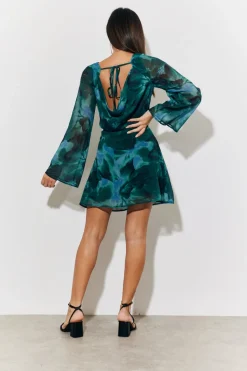 Printed Draped Back Boat Neck Mini Dress