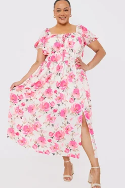 Printed Gathered Bust Puff Sleeve Midi Dress