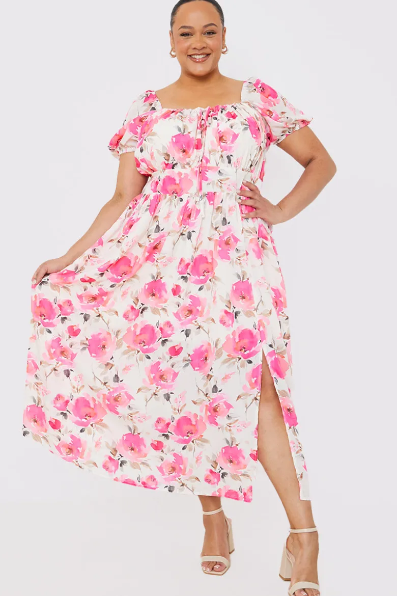 Printed Gathered Bust Puff Sleeve Midi Dress