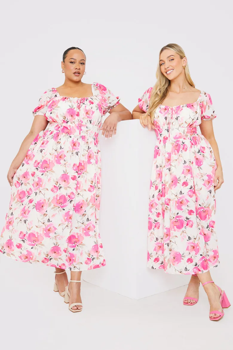 Printed Gathered Bust Puff Sleeve Midi Dress