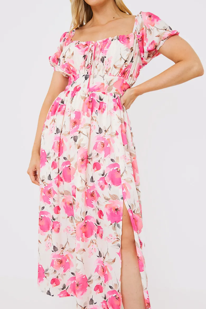 Printed Gathered Bust Puff Sleeve Midi Dress