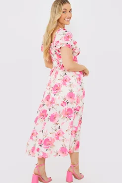 Printed Gathered Bust Puff Sleeve Midi Dress