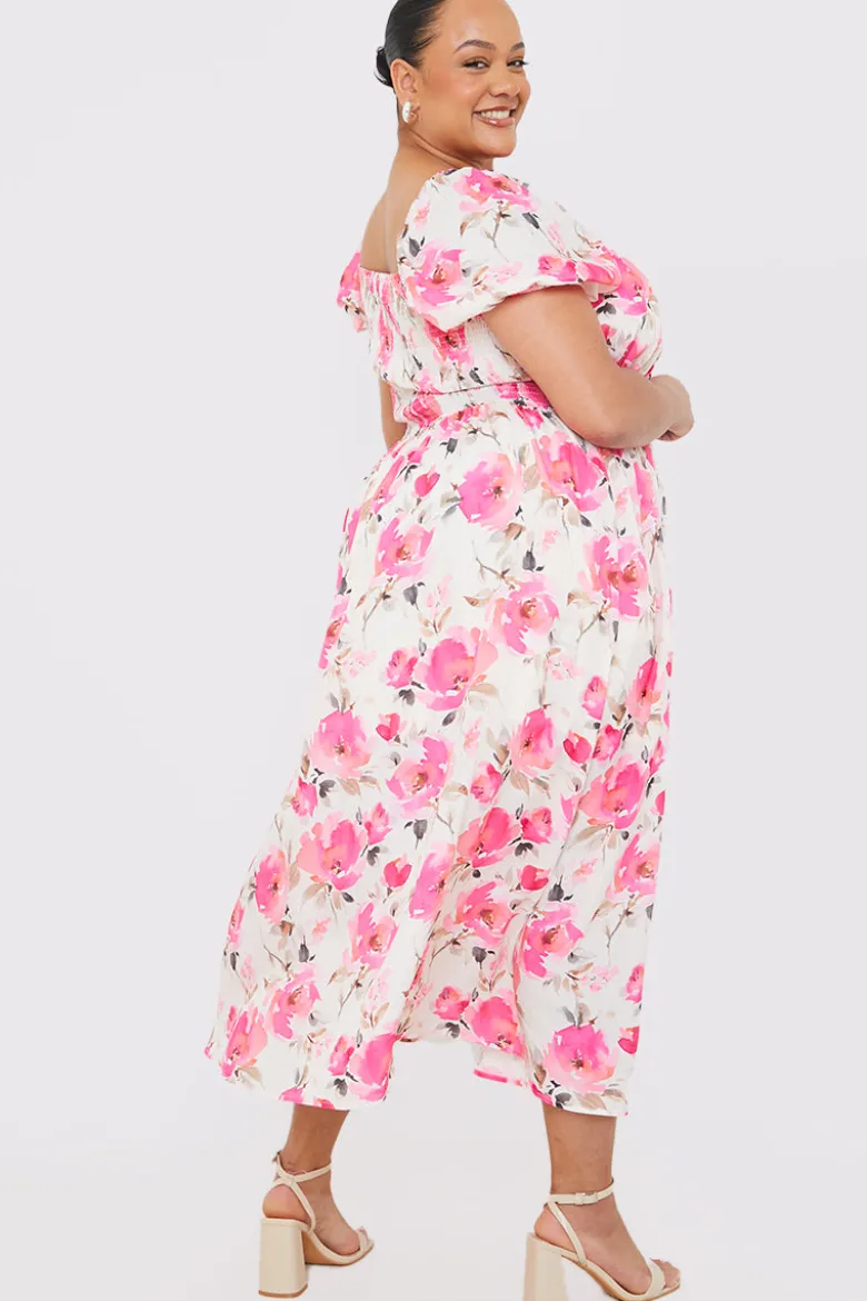 Printed Gathered Bust Puff Sleeve Midi Dress