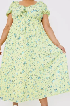 Printed Gathered Bust Puff Sleeve Midi Dress