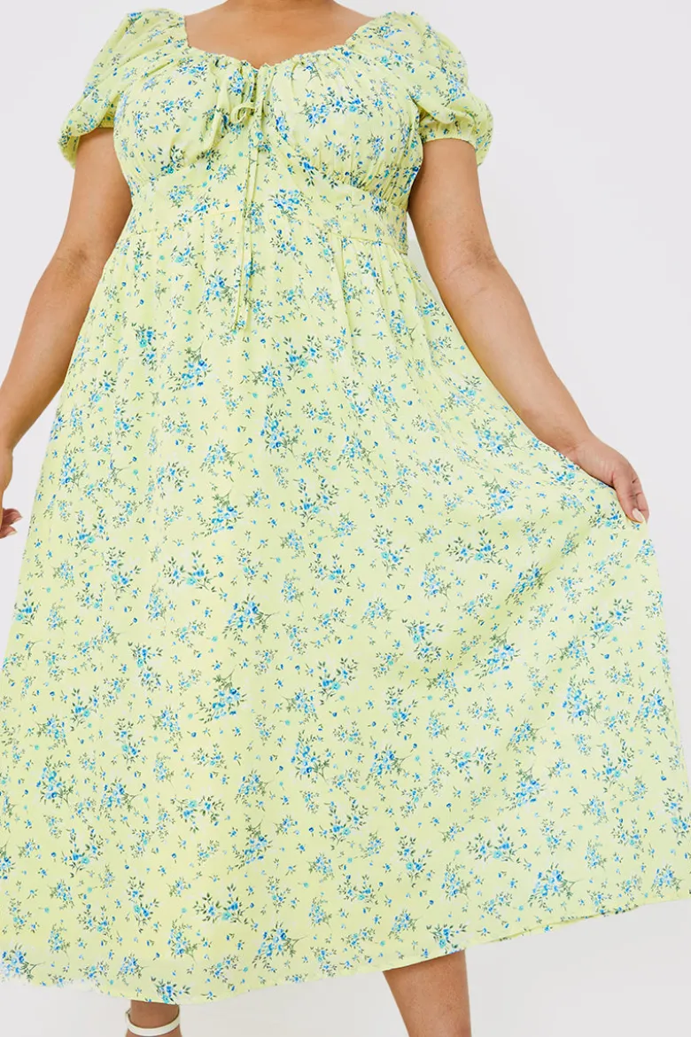 Printed Gathered Bust Puff Sleeve Midi Dress