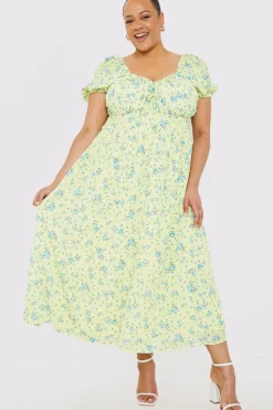 Printed Gathered Bust Puff Sleeve Midi Dress