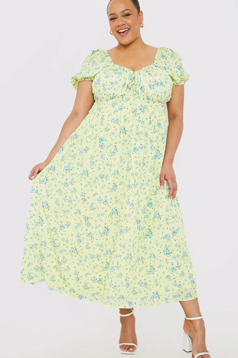 Printed Gathered Bust Puff Sleeve Midi Dress