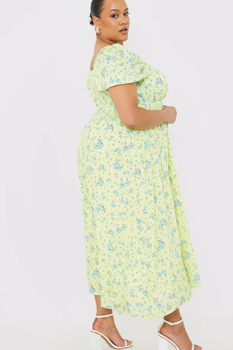 Printed Gathered Bust Puff Sleeve Midi Dress