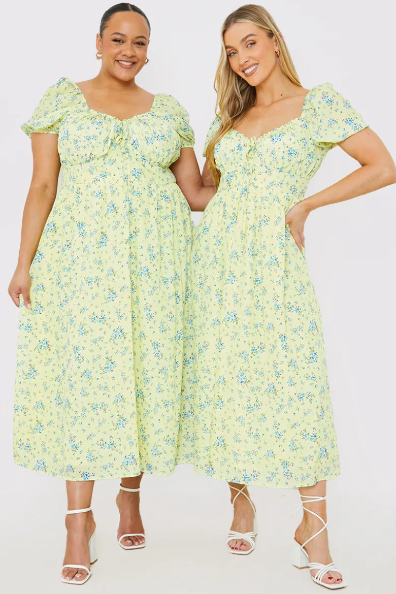 Printed Gathered Bust Puff Sleeve Midi Dress