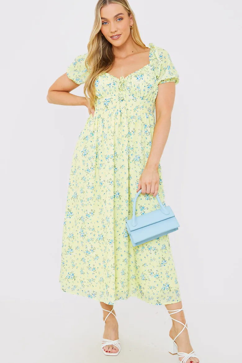 Printed Gathered Bust Puff Sleeve Midi Dress